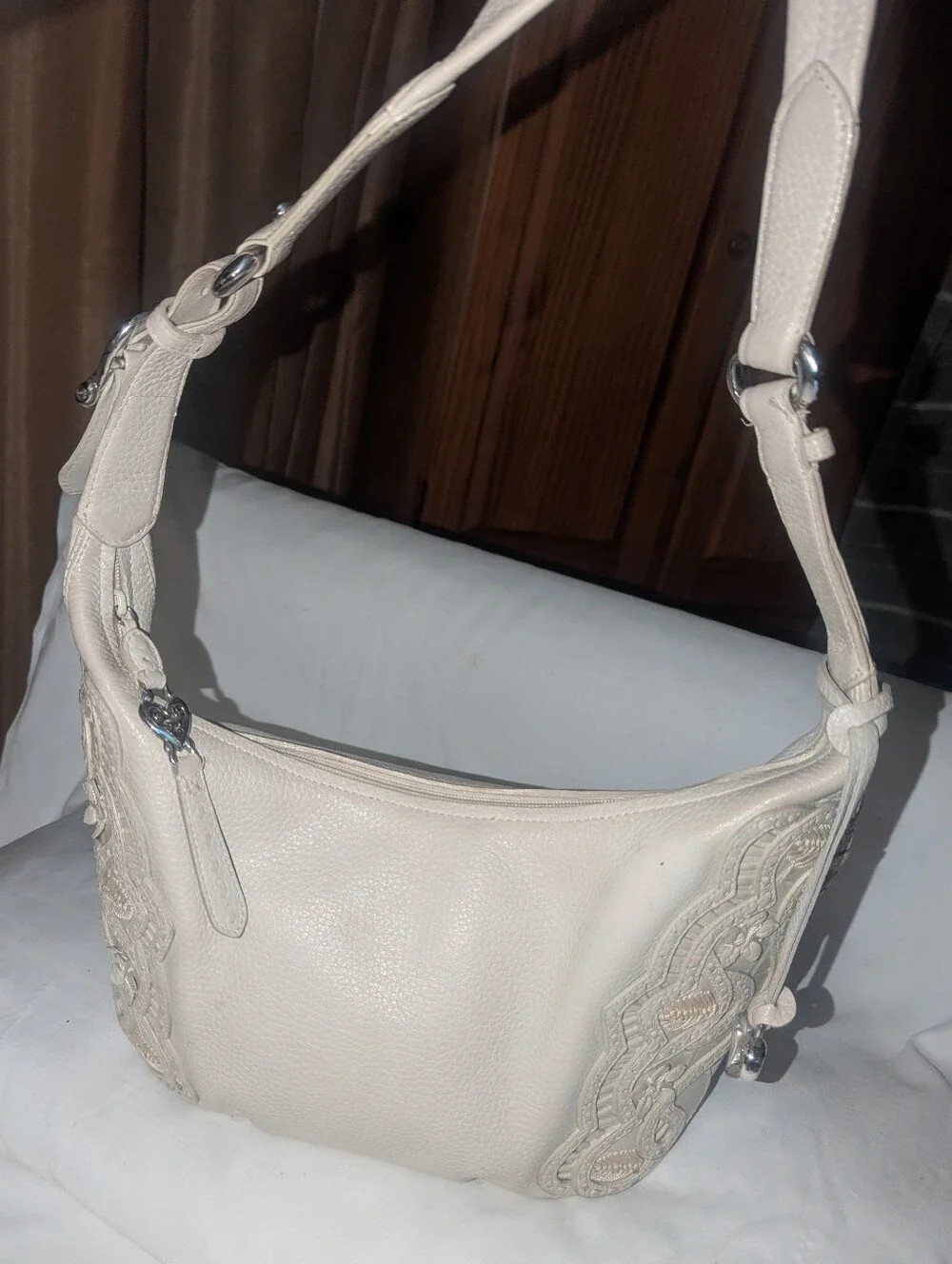 Brighton Off White Nikki Leather Shoulder Bag with Floral  Applique Heart Charm
